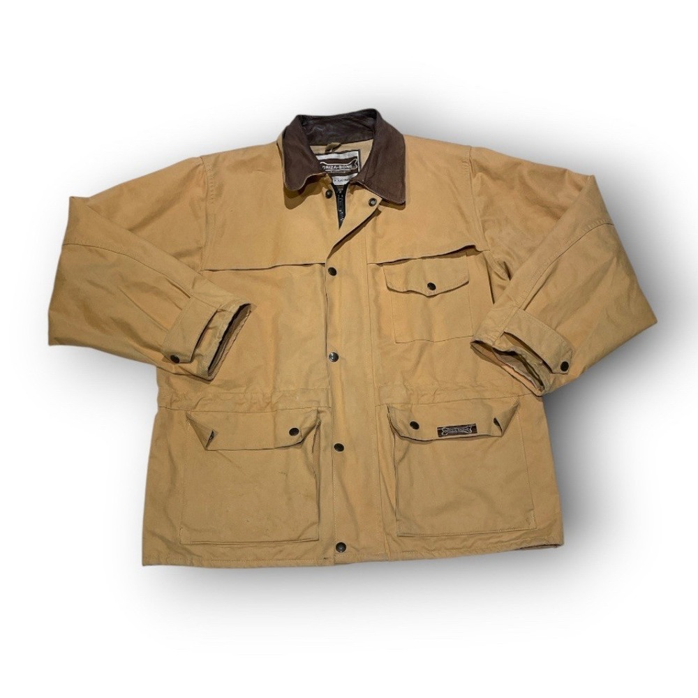 Vintage Driza-Bone Cotton Field Jacket Tan Brown Leather Collar Men's Size XL